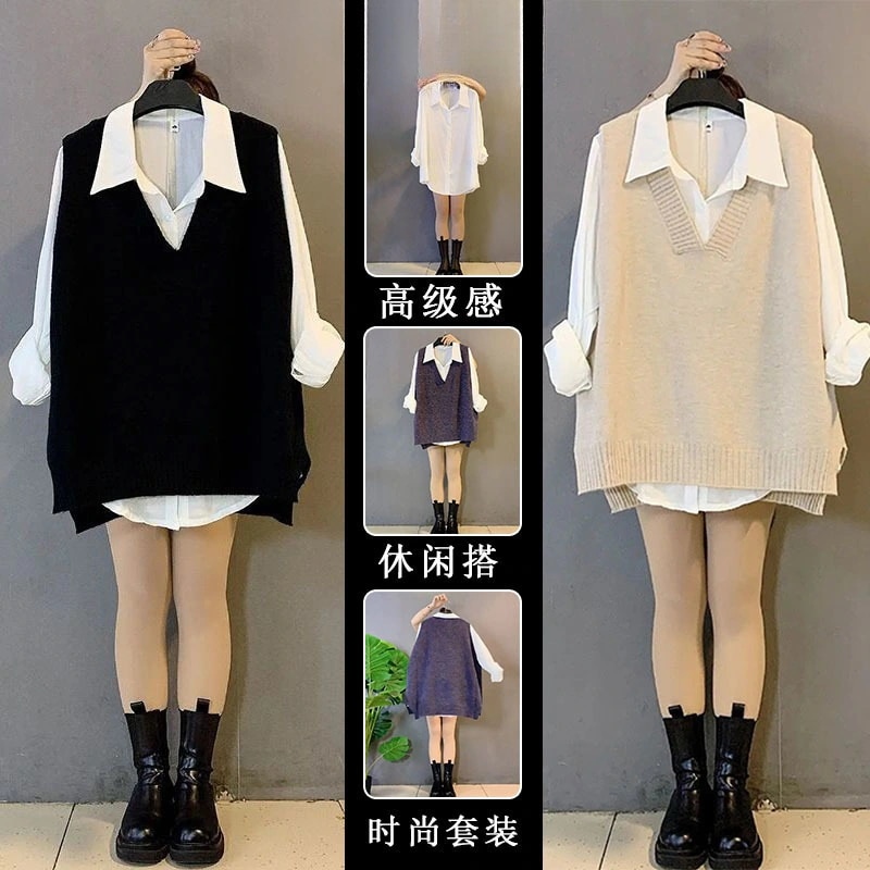 ハイエンドのカスタマイズ-脂肪mmプラスサイズの女性の秋の新しいクリーンバージョンルーズ痩身ニットベストプロフェッショナル多用途シャツツーピーススーツ