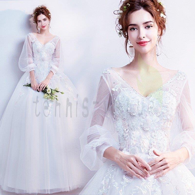 ウェディングドレス 結婚式 白 大きいサイズ 袖あり パーティー 花嫁 ドレス 姫系 披露宴
