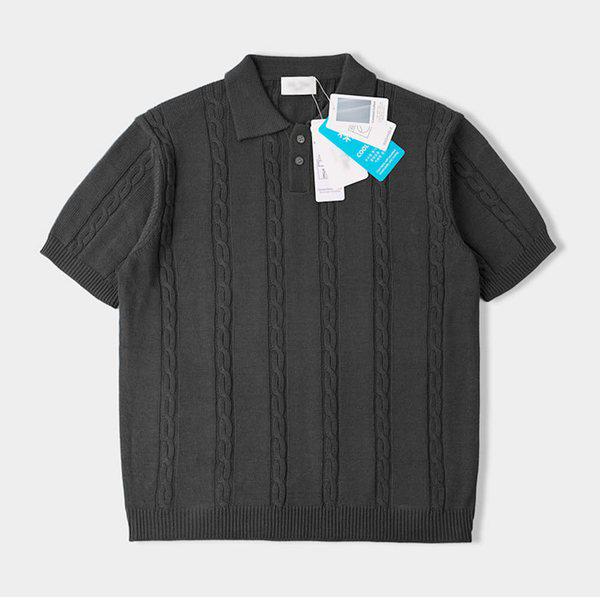 メンズ ローウェン カラーネック ケーブル 半袖 ニットTシャツ AT-KNH-Q004-カーキ