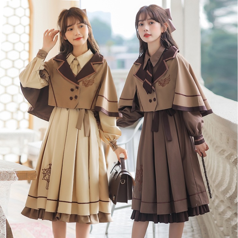 レトロロリータjkドレスレディース秋冬カレッジスタイルベストドレスプリンセスドレスマント制服スーツスカート