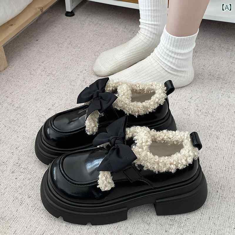 レディース 英国 小さい 革靴 冬 裏起毛 ラムウール 綿靴 ボウ 厚底 靴 黒 ローファー