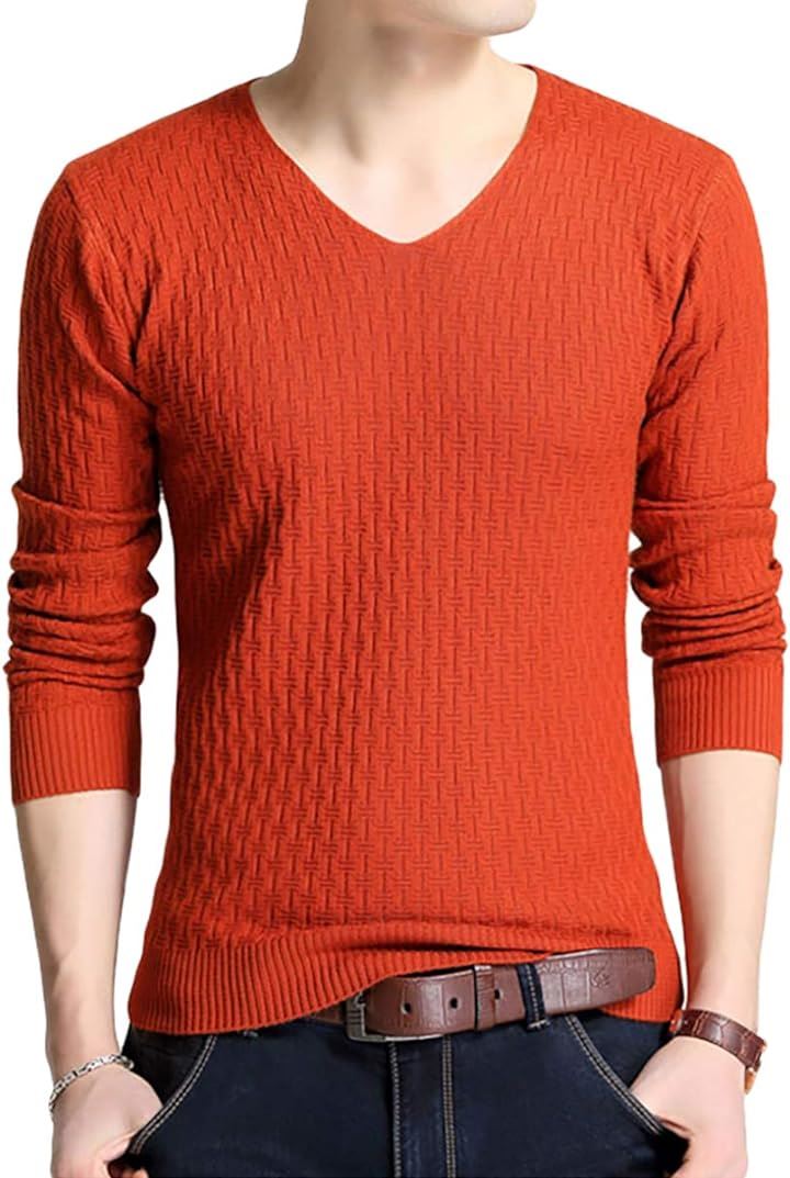 Vネック セーター メンズ ニット 薄手 無地 カットソー カジュアル 長袖 オシャレ ライトニット ジオメトリック( オレンジ, M)