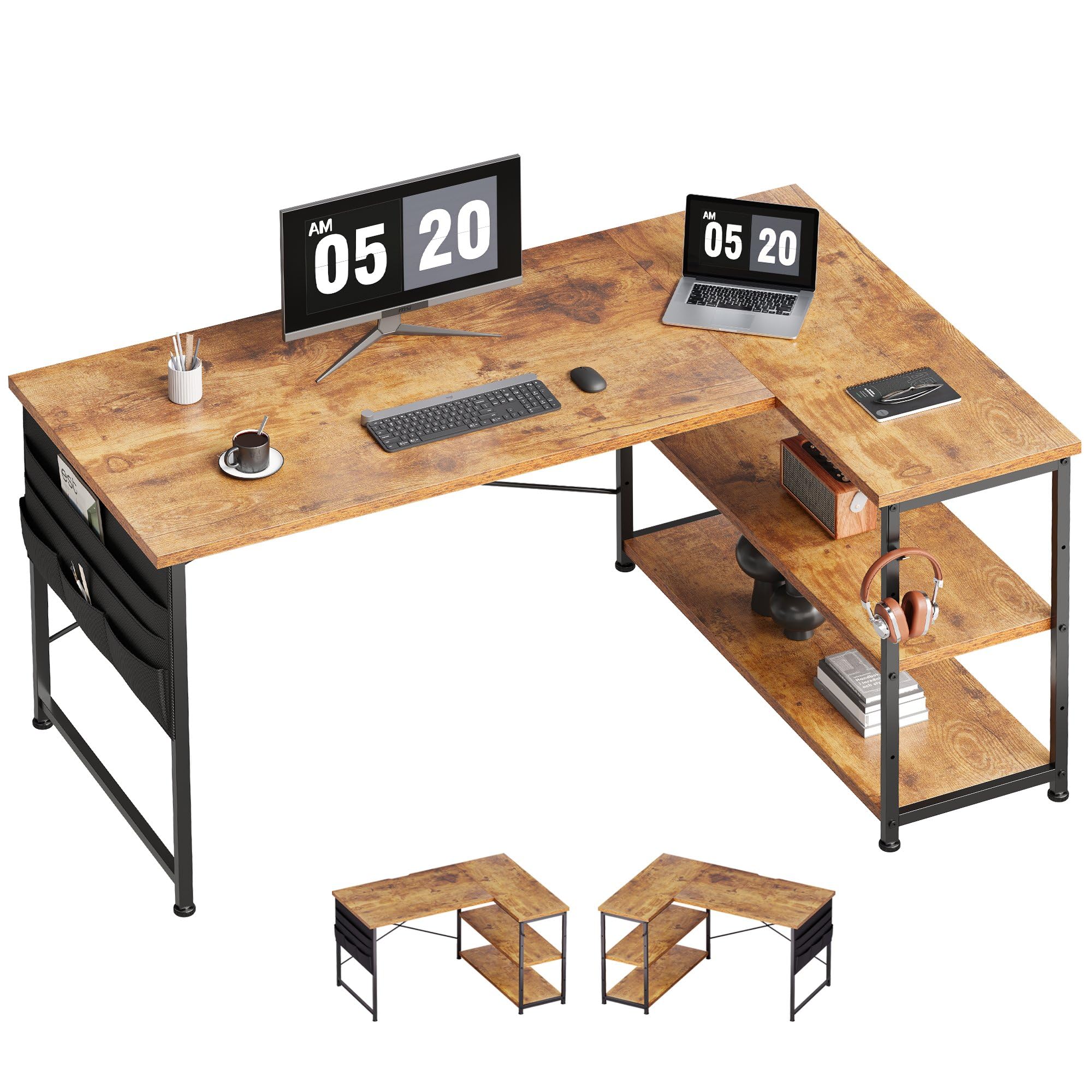 YeTom パソコンデスク 机 学習机 右棚左棚 幅107cm ゲーミングデスク l字デスク pcデスク 収納袋付き勉強机 コーナーデスク 本棚付き ビンテージ