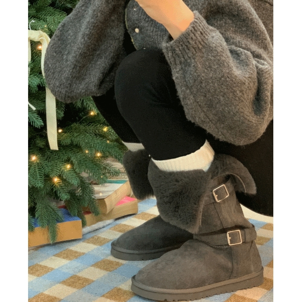Yepit [キャメル/グレー] ツーウェイバックルフリースフェイクファーチャンキーヒールロングブーツ 2.7cm 2color [ウィンターブーツ/ウィンターシューズ]