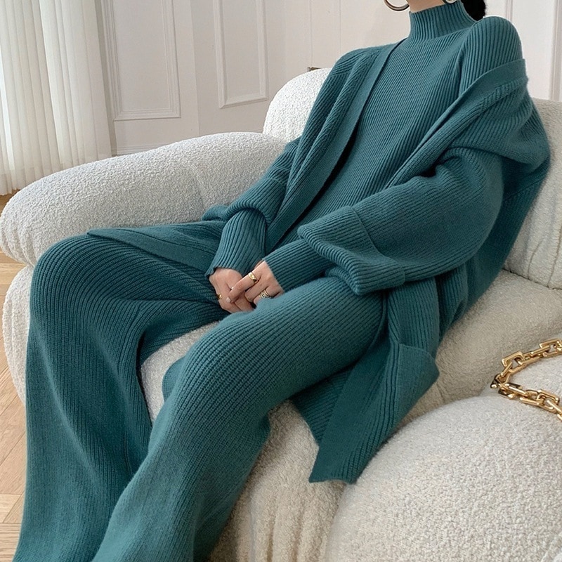 無地タートルネックニット セータートップス ニットパンツ 3点セットゆとり カジュアルワイドパンツ カーディガンコート 母の日 ベ一シックニット