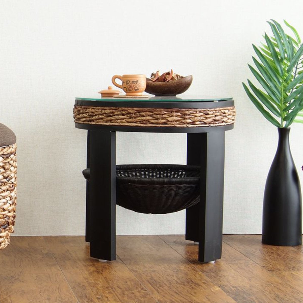 ローテーブル 直径44cm 丸型 アジアン家具 Banana Leaf テーブル ガラス天板 サイドテーブル 収納付 バナナリーフ カフェテーブル コーヒーテーブル 円型 収納