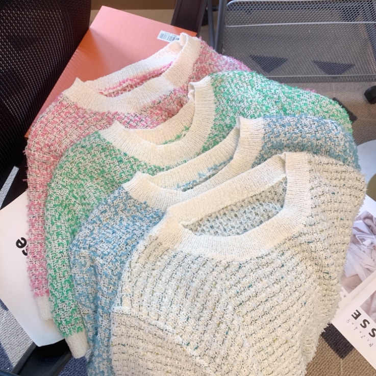 トップス ニットソー プルオーバー ショート丈 袖あり 半袖 ラウンドネック サマーニット 薄手 かわいい 大人可愛い 上品 おしゃれ レトロ 大人女子 こなれ感 ラブリー キュート エレガント