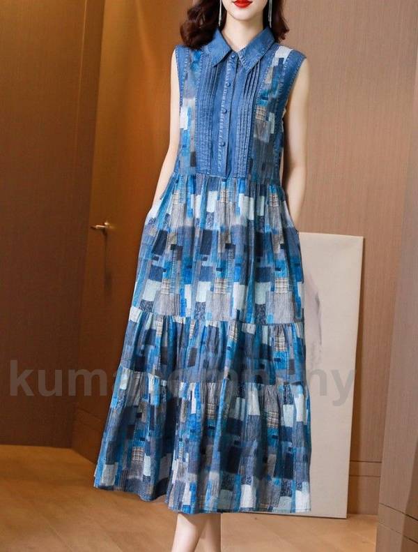 ノースリーブ デニム ワンピース レディース 春 夏 ロング マキシ モザイク柄 シャツワンピース ティアードワンピース マキシワンピース コットンリネン 大きいサイズ 3L 4L 大人可愛い おしゃ