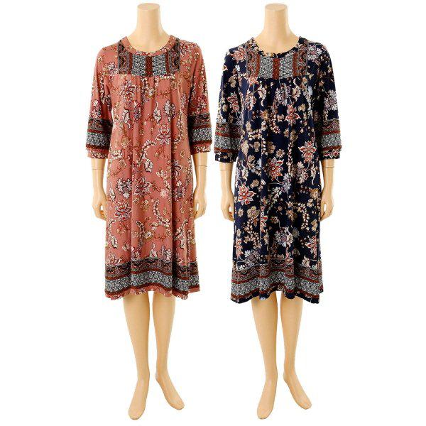 肌に触れる感じが暖かいポリ起毛エスニックボーダーワンピース(VEV3684L)