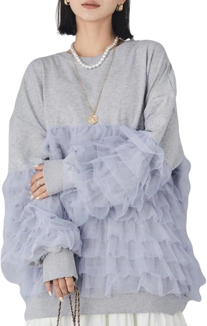 チュールフリルプルオーバー レディース スウェット チュニック丈 ラウンドネック ボリューム袖 ゆったり 長袖 モード フェミニン シャレ感 ダボっと ふわ 柔らかい(グレー, L) 7,378円