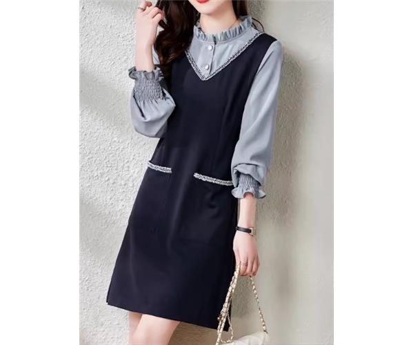 重ね着風 フェイクツーピース レディース ワンピース プルオーバー 膝丈 膝上 ミドル丈 ラウンドネック Aライン フリル ポケット ボタン 切り替えデザイン ドッキング ステッチ かわいい