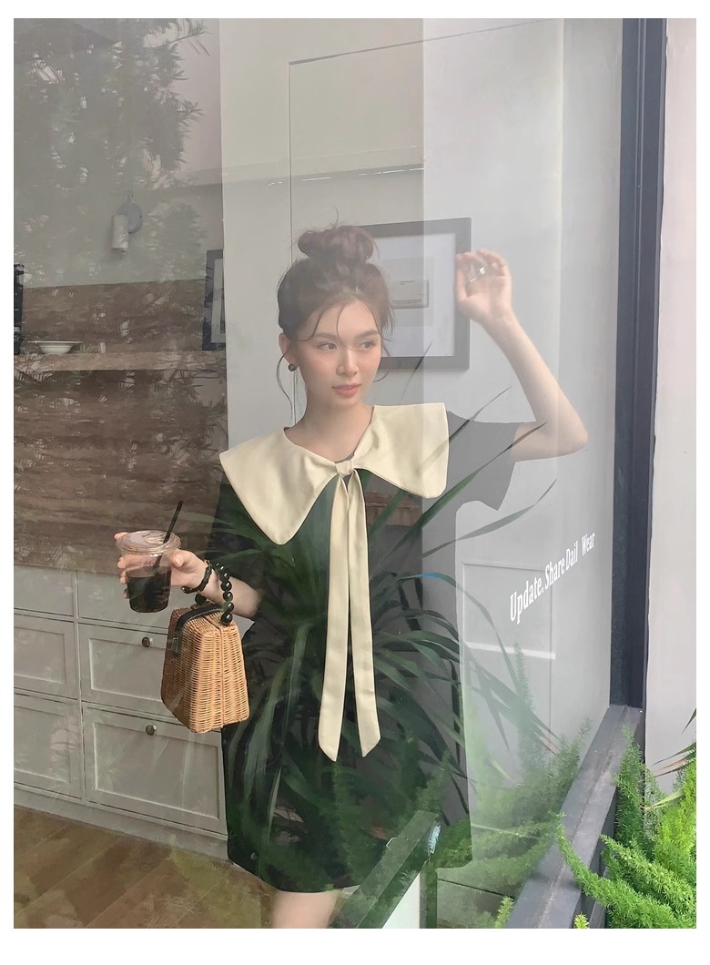 夏 コントラストカラー ネクタイ リバーシブル ドレス 個性的 ワンピース ミニ ミニ丈 ショート ショート丈 袖あり 半袖 ラウンドネック 襟付き かわいい 大人可愛い 上品 おしゃれ お洒落 無地 6,400円