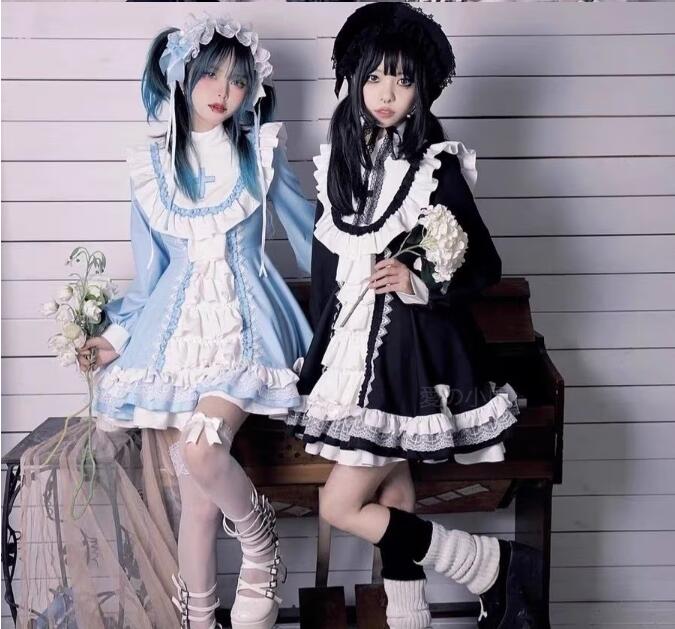 新作登場 可愛 クリスマスハロウオリジナルゴシックシスター風ロリータブルー白ワンピースワンピースロリータキュートな日常脚魅せミニスカート