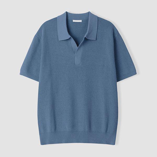 メンズ ハチ オープンカラー オーバーフィット 半袖 ニットTシャツ AS KNH Q018 ブルー_P422498490