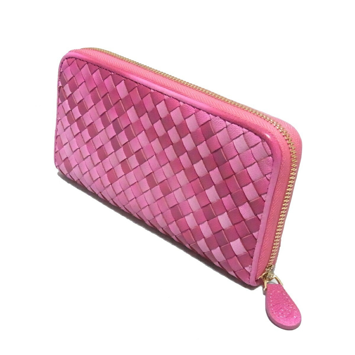オルテンシア ラウンドファスナー 長財布 本革 メッシュ イントレチャート (レディース 女性)ピンク桃色／高級イタリアンレザーを使用した編み込みロングウォレット