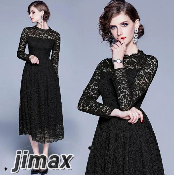 パーティードレス ミモレ丈 ワンピース 結婚式 総レース 長袖 結婚式 ワンピース ハイネック パーティードレス ロング 黒 ブラック 大きいサイズXXL 入園式 二次会 謝恩会 同窓会 服装 発表会