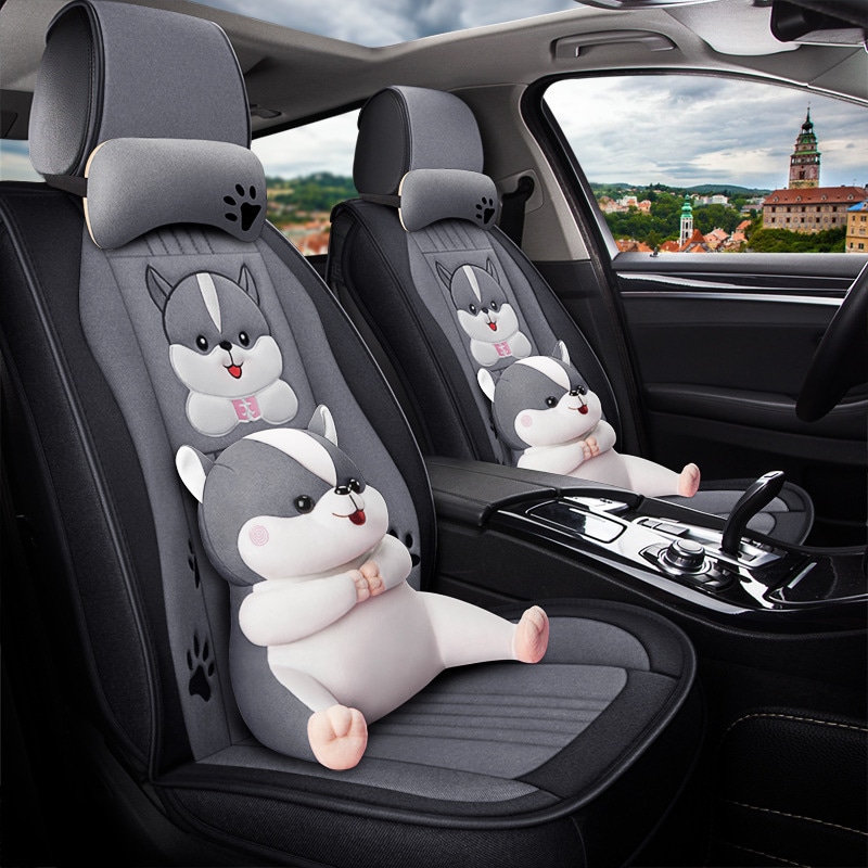 カーシートクッションユニバーサル漫画かわいいオールインクルーシブリネン生地シートカバー夏アイスシルクシートクッションレディースかわいいペット