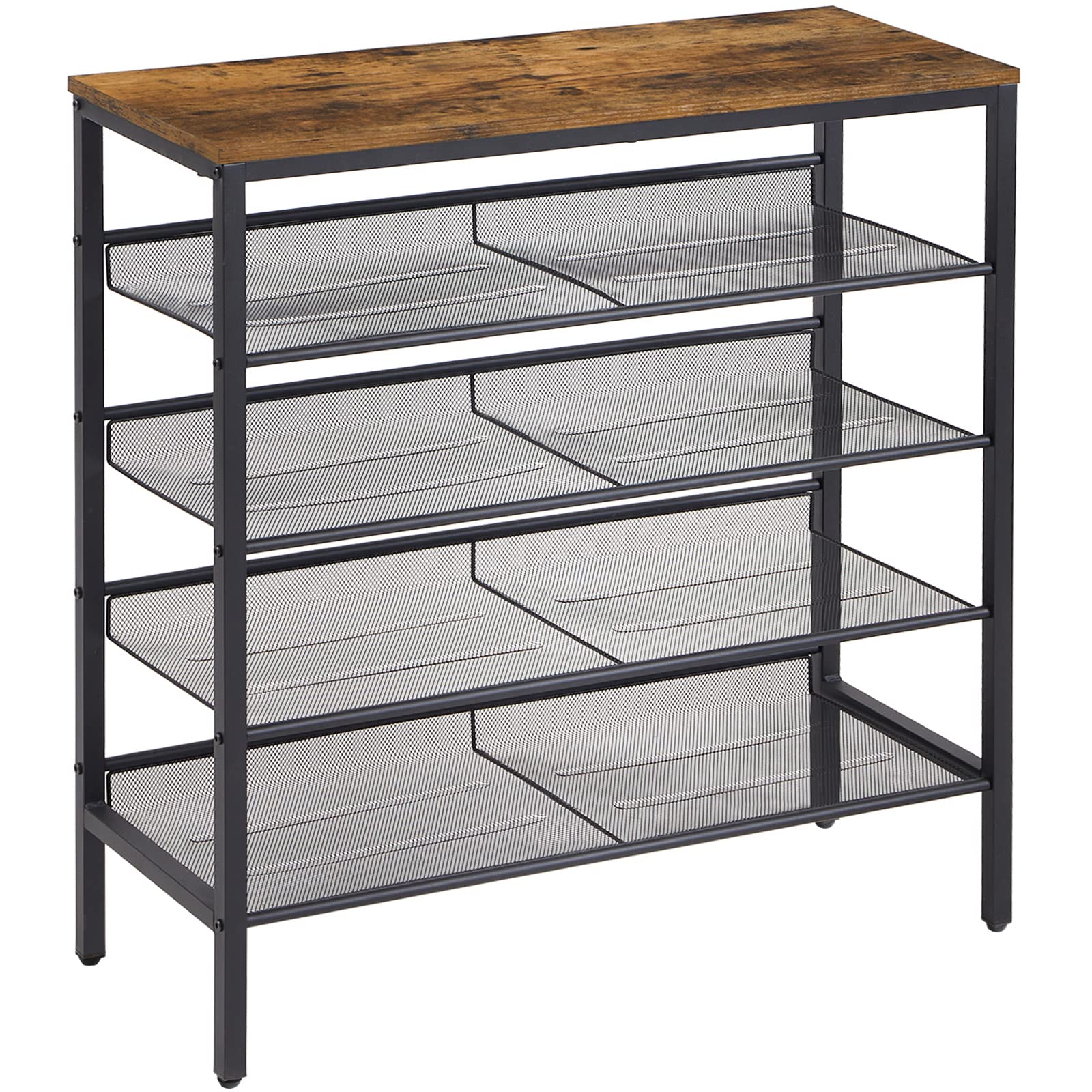 シューズラック 5段 メッシュ棚 靴棚 下駄箱 オープンラック 16足用 大容量 通気 木製天板 サイドテーブル 靴収納 靴置き 玄関テーブル W75.5×D30×H87cm 茶色 JPHTMJ083