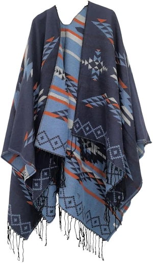 大判ストール オルテガ ポンチョ マフラー エスニック 羽織り ショール マント ユニセックス 防寒 膝掛け 厚手 秋(アクアブルー)