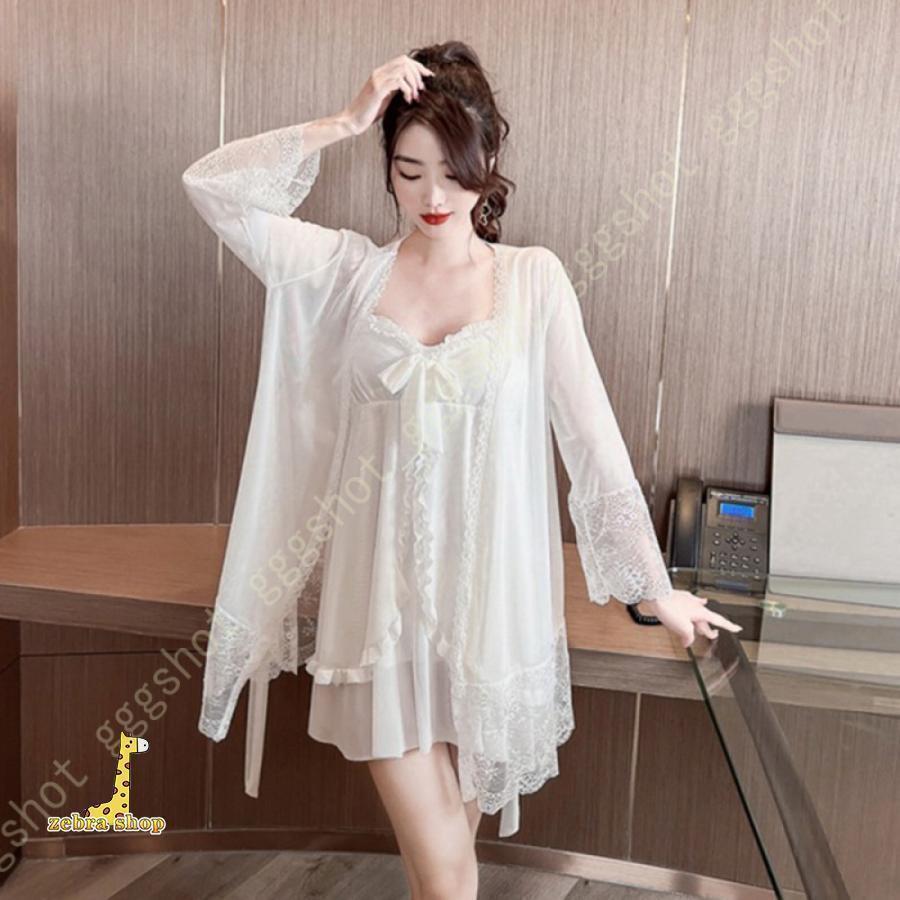 レディース 宮廷風 ネグリジェ 姫系 長袖 夏用 とろみ素材 レース フリル ロマンティック ガウン ルームワンピース 寝巻き ナイトウエア ルームウェア