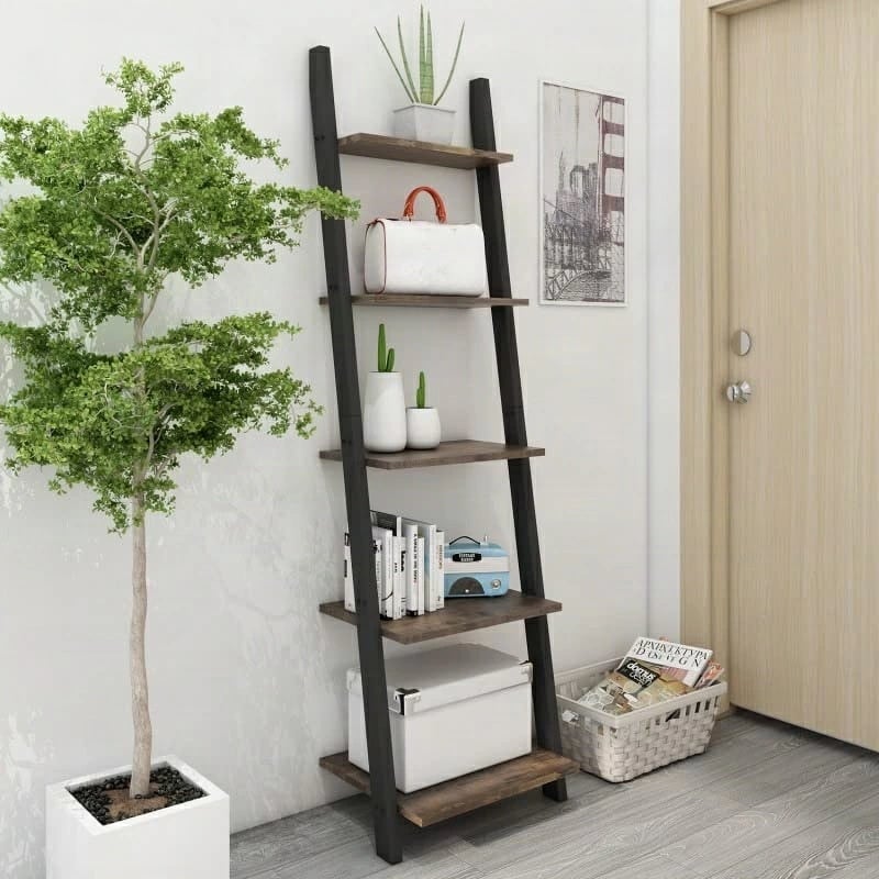 O&K オープンシェルフ 飾り棚 棚ラック木製 ５段ラック おしゃれ 本棚スリム 壁面収納 北欧スタイル ブラウン 収納棚 玄関 リビングルーム 木目幅45×奥行35×高さ154.3cm（ブラック）