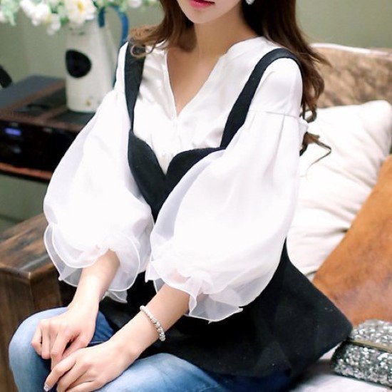 シフォンシャツ レディース トップス 長袖 キーネック Ｖネック 白シャツ ホワイト ボリューム袖 フロントボタン シンプル 無地 カジュアル お出かけ おしゃれ フリル 薄手 パフスリーブ 女性