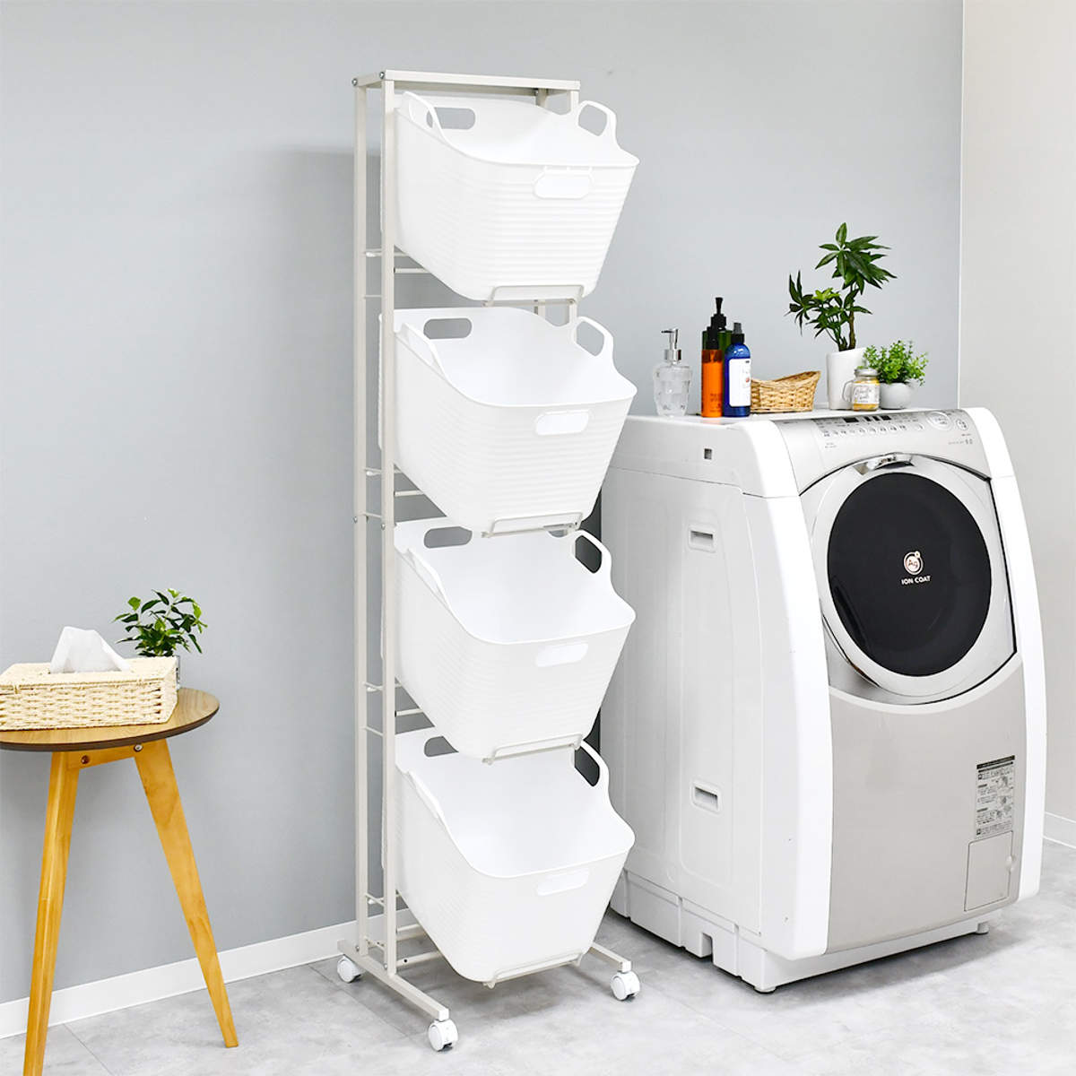 ランドリーバスケット 4段 スイング式 バスケットラック ランドリーワゴン キャスター付き スリム 天板 日本製 洗濯かご 大容量 ランドリー収納 キャスター スイング 洗濯物 目隠し