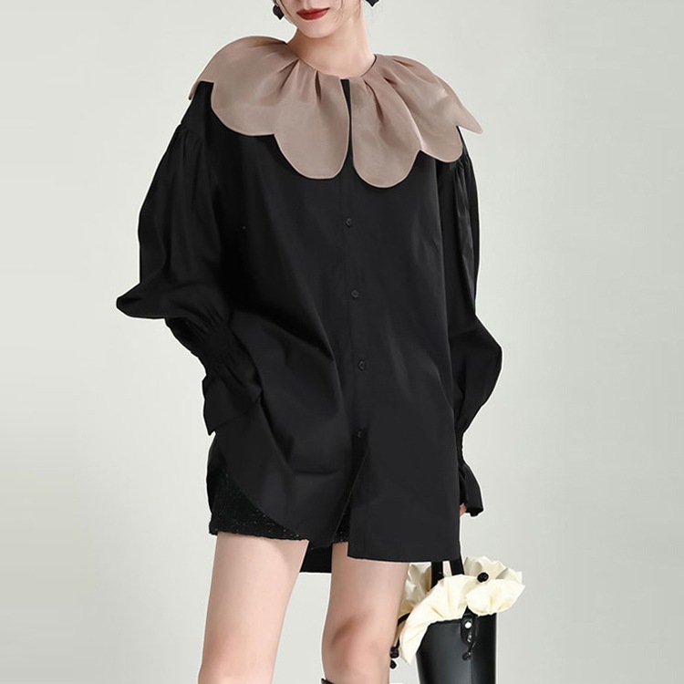 花びらデザインカラー ブラウス レディース トップス 長袖 大人可愛い おしゃれ 無地 春 秋 通勤 お出かけ 休日 ショッピング 楽ちん ゆったり フリーサイズ ブラック