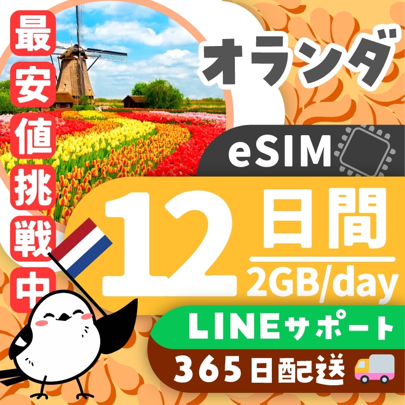 【オランダeSIM】簡単設定／使用日数：１１日間／データ容量：２GB（day）／有効期限90日／最短即日発行／パスポート番号不要／データ通信専用／オランダSIM