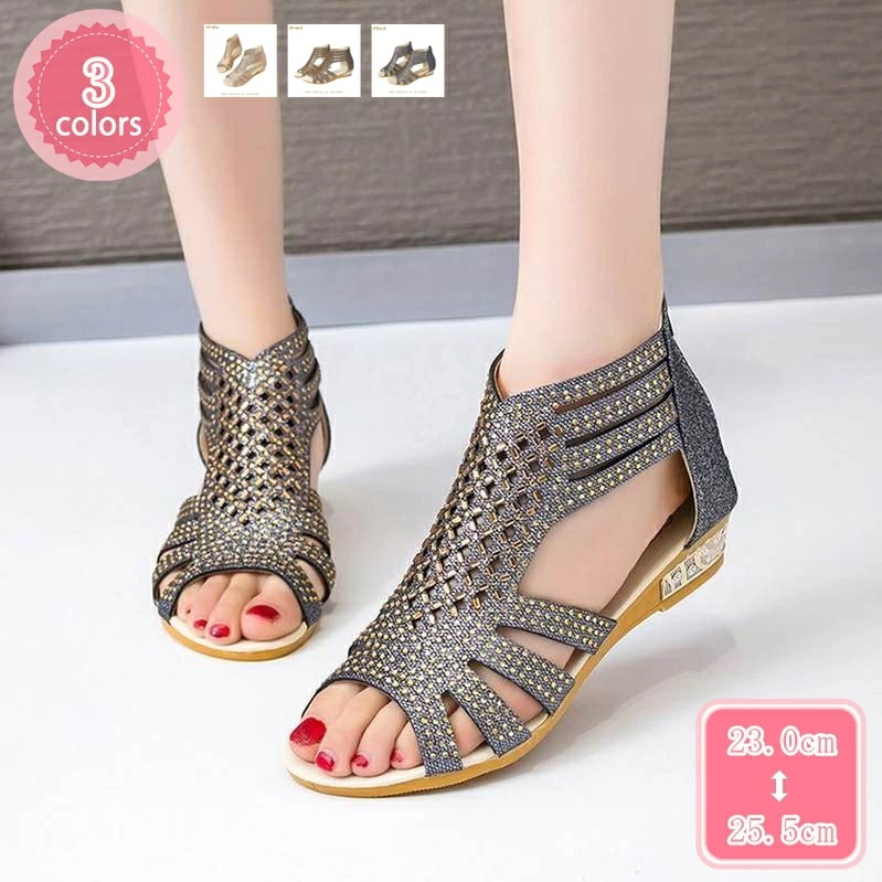 777円OFFクーポン サンダル レディース キラキラ ブーツサンダル オープントゥ ウェッジソール ウェッジサンダル バックジッパー オープントゥ ローマ靴 シースルー キラキラ スパンコール ウェ