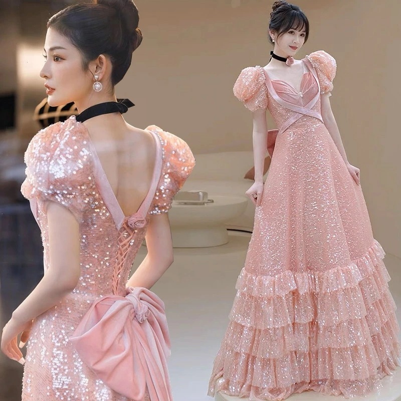 【SNS大人気】XS-3XL レディース　ウェディングドレス　カラードレス 結婚式　花嫁 披露宴　刺繍 二次会 パーティードレス 演奏会 お嫁さん 発表会 ピンク