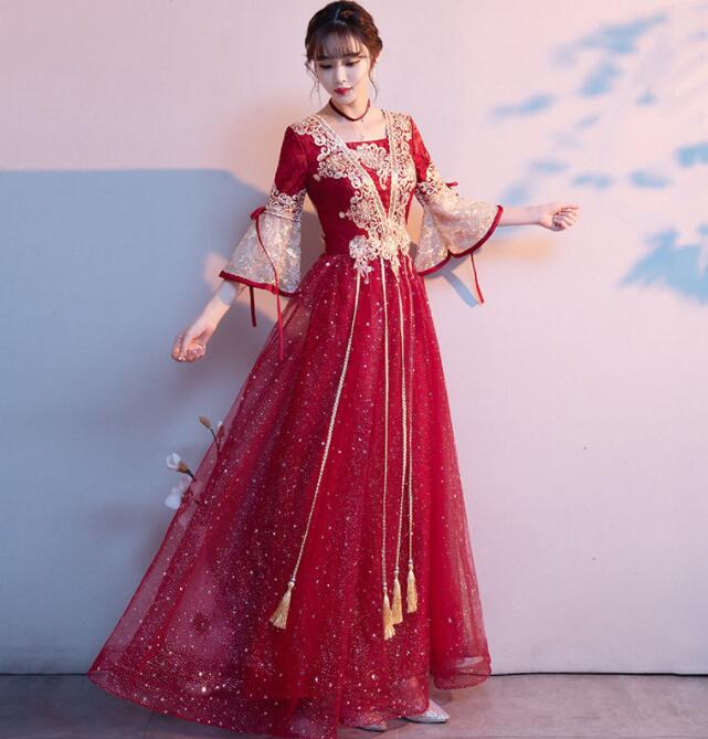 パーティードレス ロング丈 七分袖 フリル袖 ロング ドレス 金色な花 刺しゅう スパンコール きらきら ロング丈 チュチュドレス 結婚式 二次会 パーティー ドレス 発表会 演奏会 お呼ばれ フリル