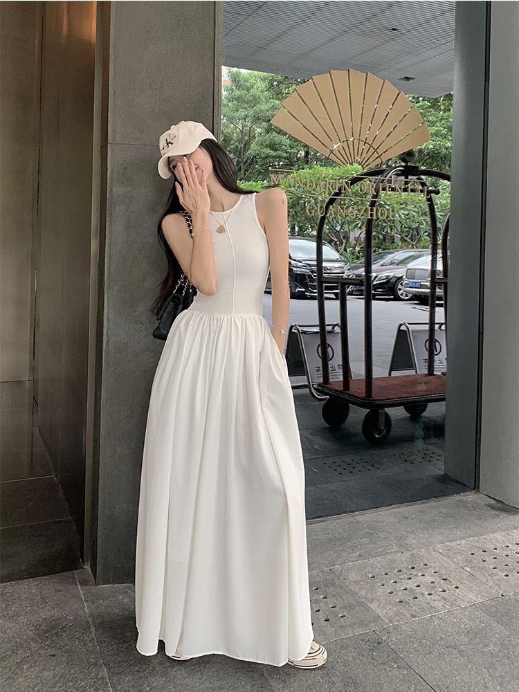 ベスト 長袖 ドレス 女性 秋 ロングドレス スキニースカート ワンピース フレアワンピース ロング丈 ノースリーブ 長袖 ラウンドネック Aライン ウエストマーク 切り替えデザイン ハイウエスト