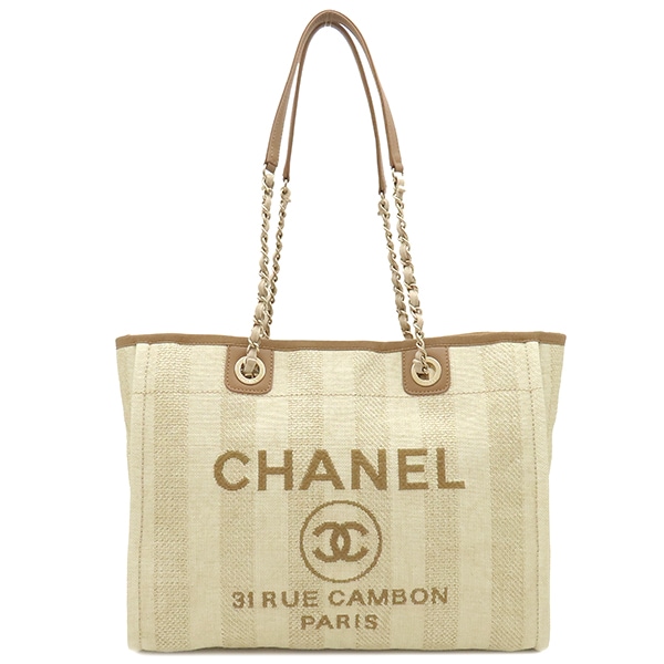 シャネル CHANEL トートバッグ ドーヴィル トートMM ファブリック レザー ベーシュ ゴールド金具 ショルダーバッグ チェーン A67001 29****** 【保存袋】【中古】