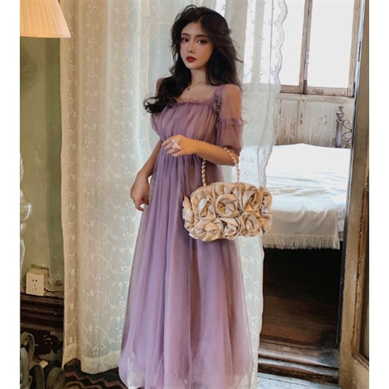 【取寄：納期2週間】演奏会ドレス 結婚式ドレス ロングドレス ハイウエスト パフスリーブ 夏 半袖 Aラインスカート ふんわりスカート お呼ばれ フォーマル フェミニン エレガント 体型カバー 上品