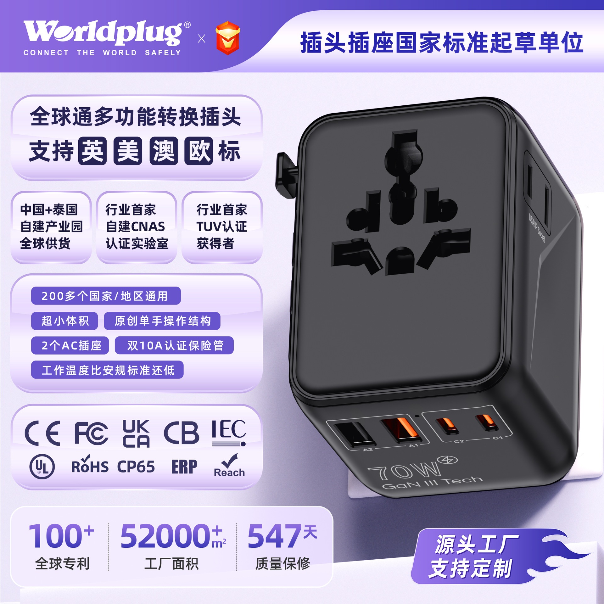 多機能アダプター急速充電 70W GaN ユニバーサル充電アダプターグローバル ネットワークと互換性あり