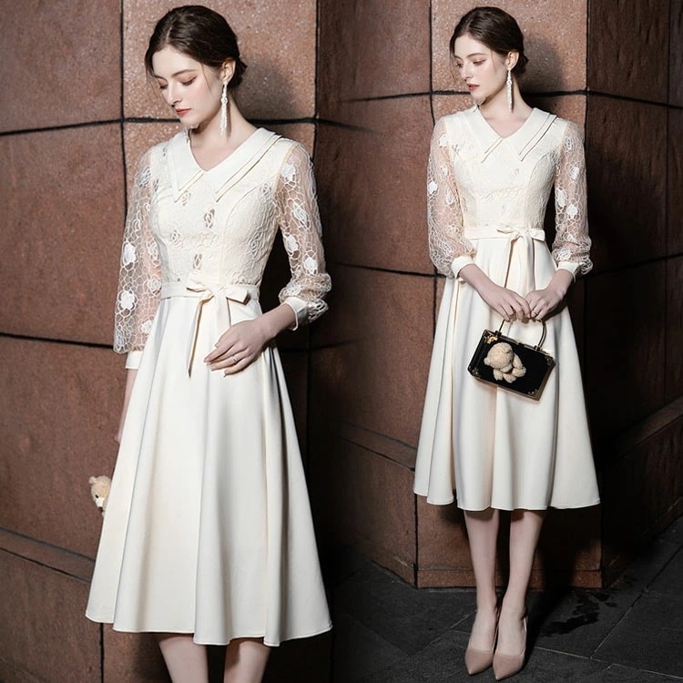 パーティードレス 結婚式 ワンピース シャンパン色 結婚式ドレス パフスリーブ 二次会ドレス 襟付き 可愛い お呼ばれドレス レース サテン 7分袖 Aライン ミモレ丈ドレス 20代 30代 40代