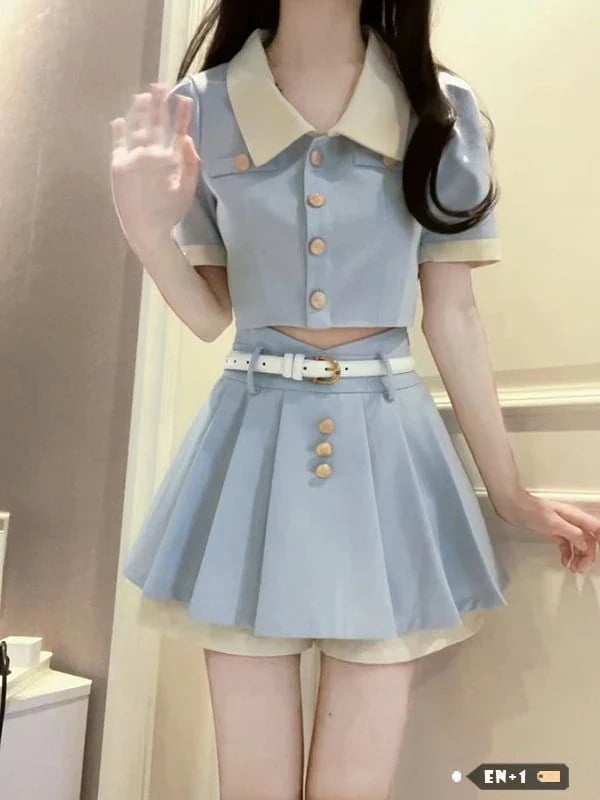 涼しく楽ちんセットアップ 制服カレッジ風開襟ショート丈トップス2点セット夏のハイウエストプリーツスカート レディース 韓国ファッション