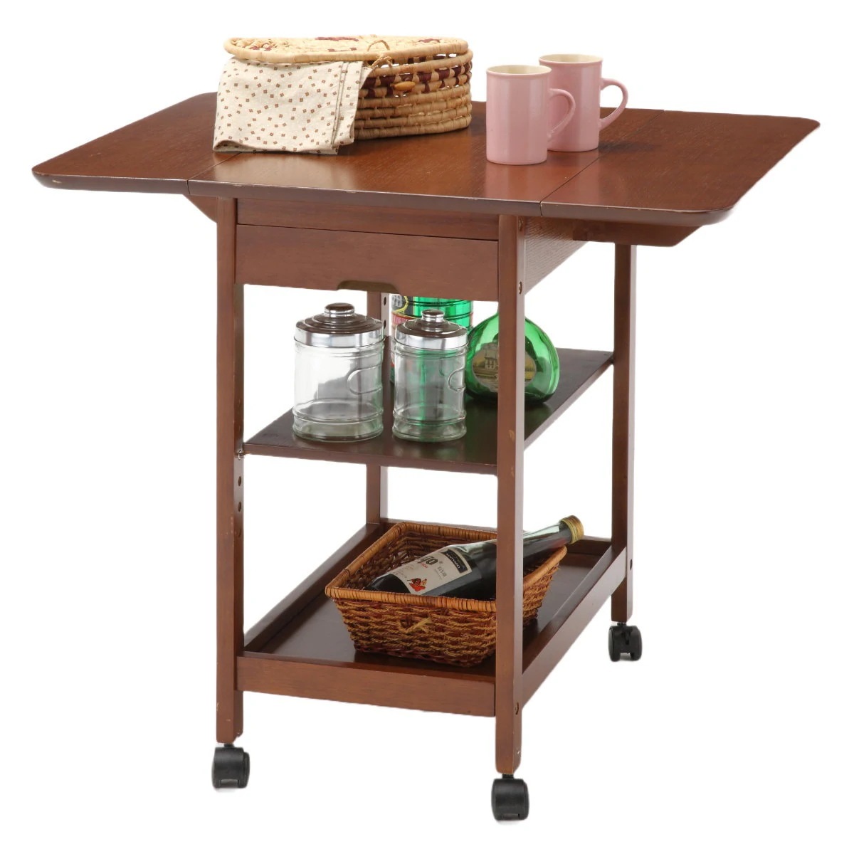 キッチンワゴン 木製 両バタ 引出し付 幅44ー80cm キッチン収納 収納 ラック 収納ラック キャスター付 折りたたみ キッチン バタフライ 収納ワゴン ブラウン 省スペース 引き出し
