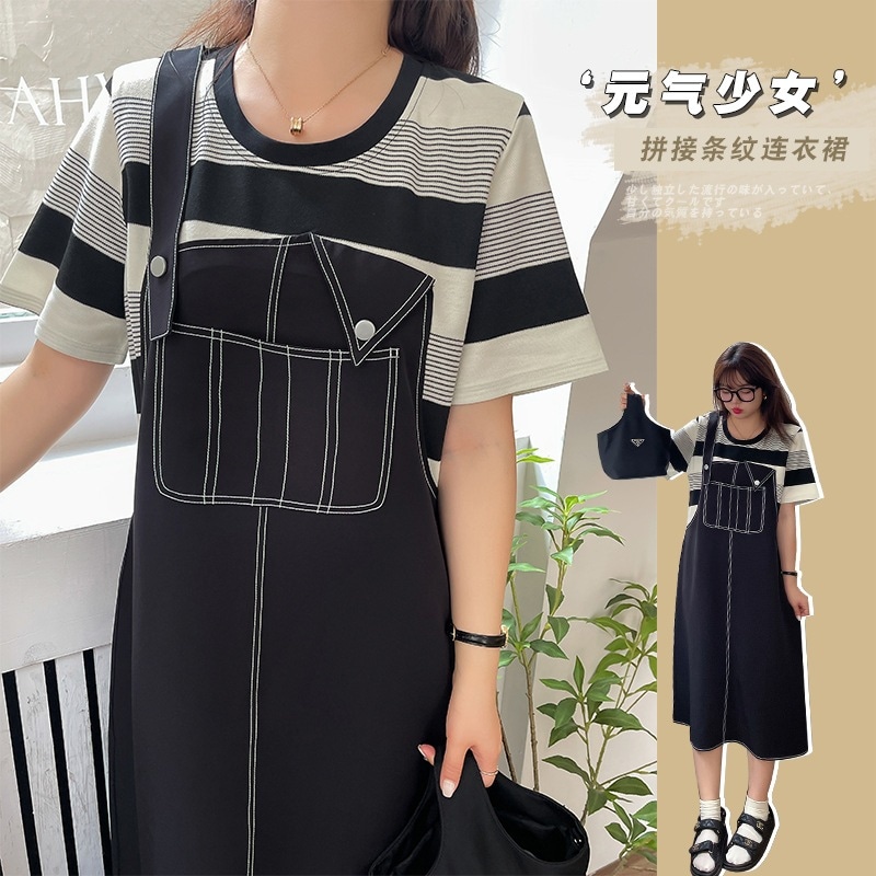 【ぽちゃまに】 夏 ドッキングワンピース にせ2Set サロペット風 大きいサイズ 体型カバー Tシャツワンピース カジュアル メガ割