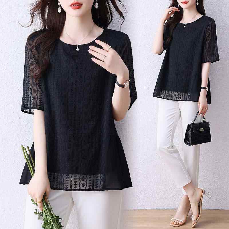 レディース ファッション 夏 刺繍 半袖 シャツ 夏 レース シフォンシャツ トップス