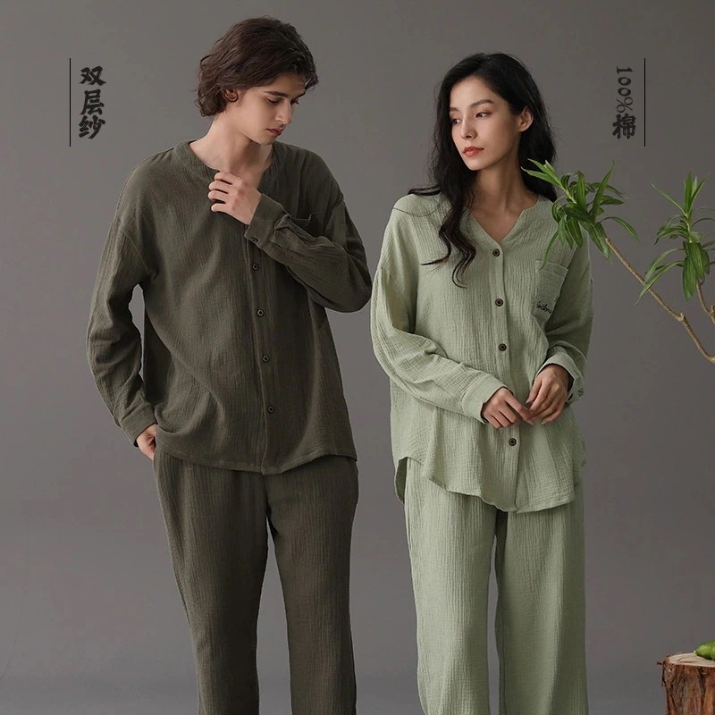 Vネック 綿ガーゼ使用カップルパジャマ 新品は安い選べる福袋a級双糸24新作 男女兼用ホームウェアとしても着用可能