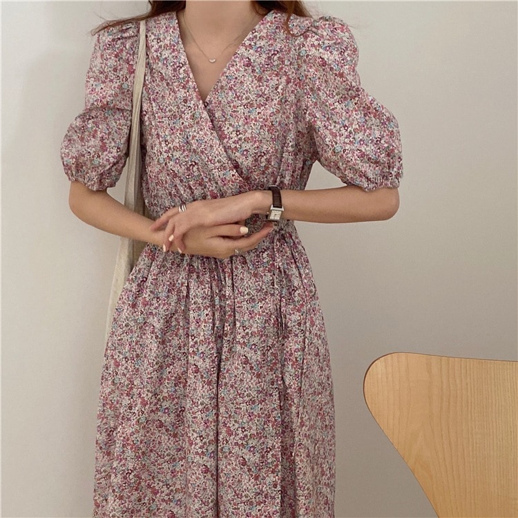 レトロ風 ワンピース 半袖 春 秋 きれいめ ロング aライン Aライン フレア ロング丈 7分丈 ボリューム袖 ボリュームスリーブ パフスリーブ Vネック カシュクール フレア スリム 細身 ウエス