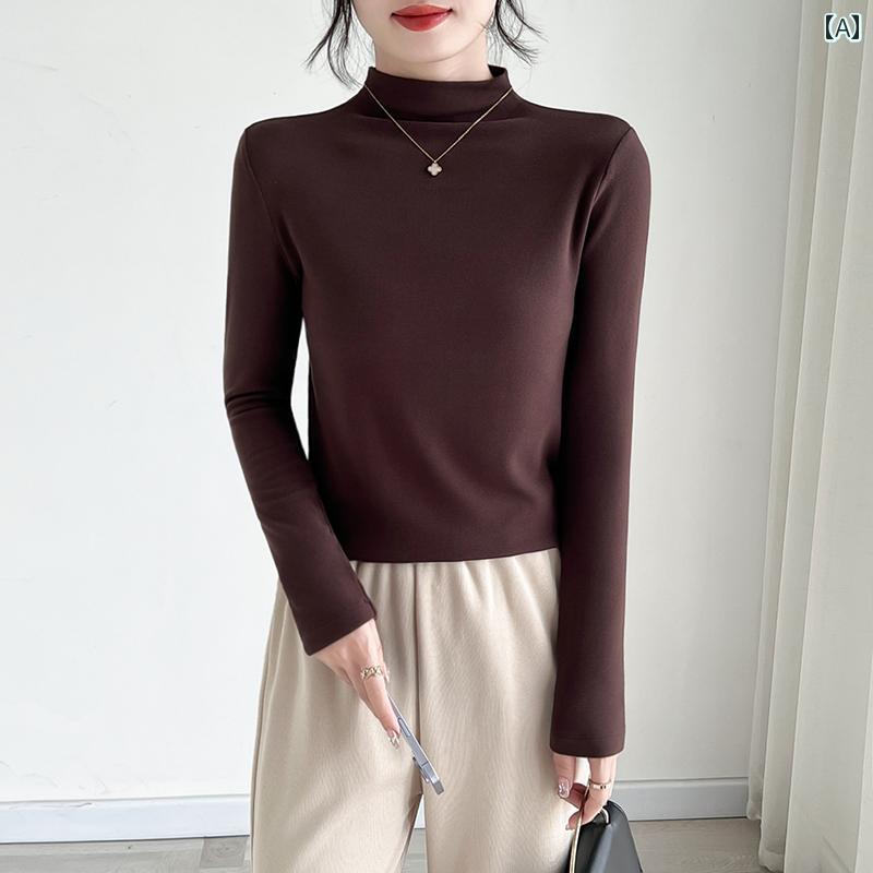 レディース トップス シンプル おしゃれ 秋冬 ハーフ ハイネック ストレート ショルダー 長袖 モダール Tシャツ シープ ウール スリムフィット 厚手 ボトム