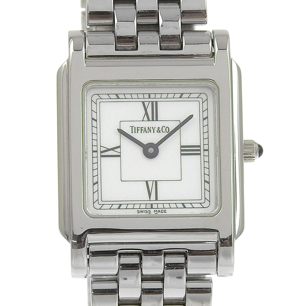 クラシックスクエア 腕時計 ステンレススチール クオーツ アナログ表示 レディース ホワイト文字盤 中古品 A-ランク