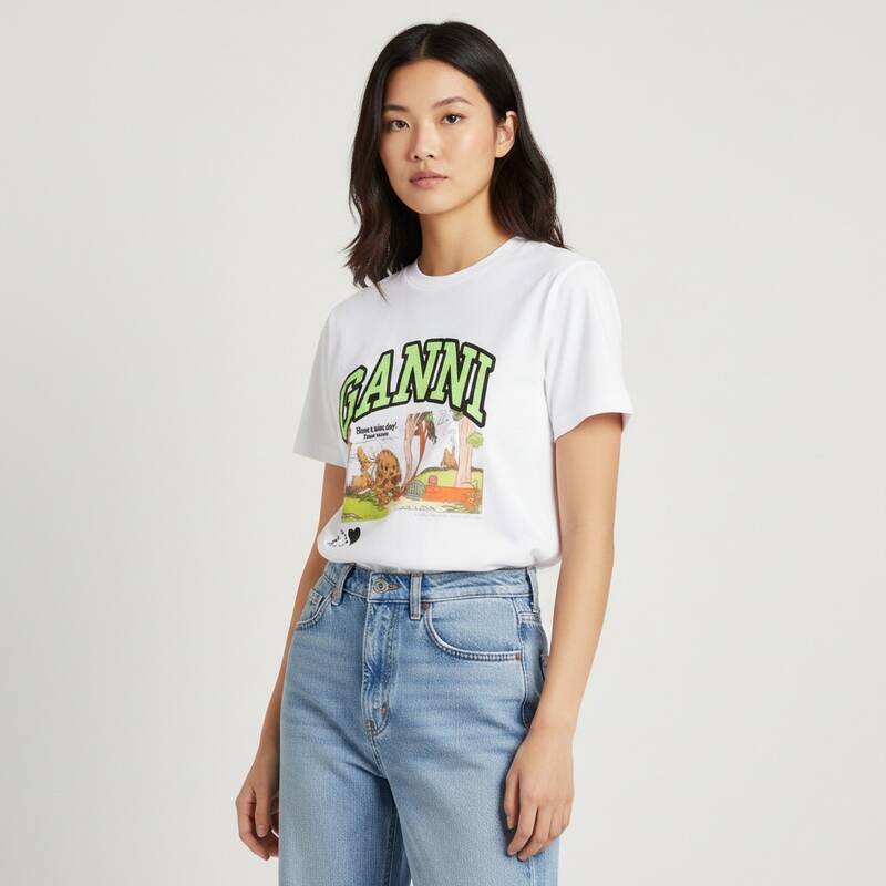 GANNI T4288 151 漫画のパピーロゴ レディース半袖Tシャツ