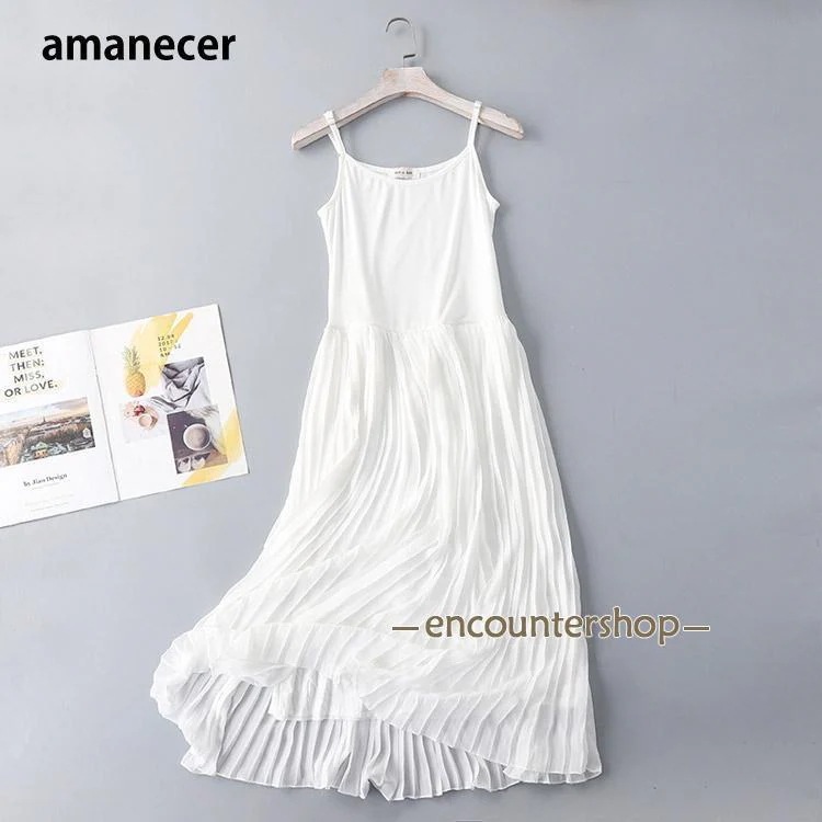 ワンピース ロング丈 シフォンワンピース ペチコート プリーツ ノースリーブ キャミワンピ 黒 白