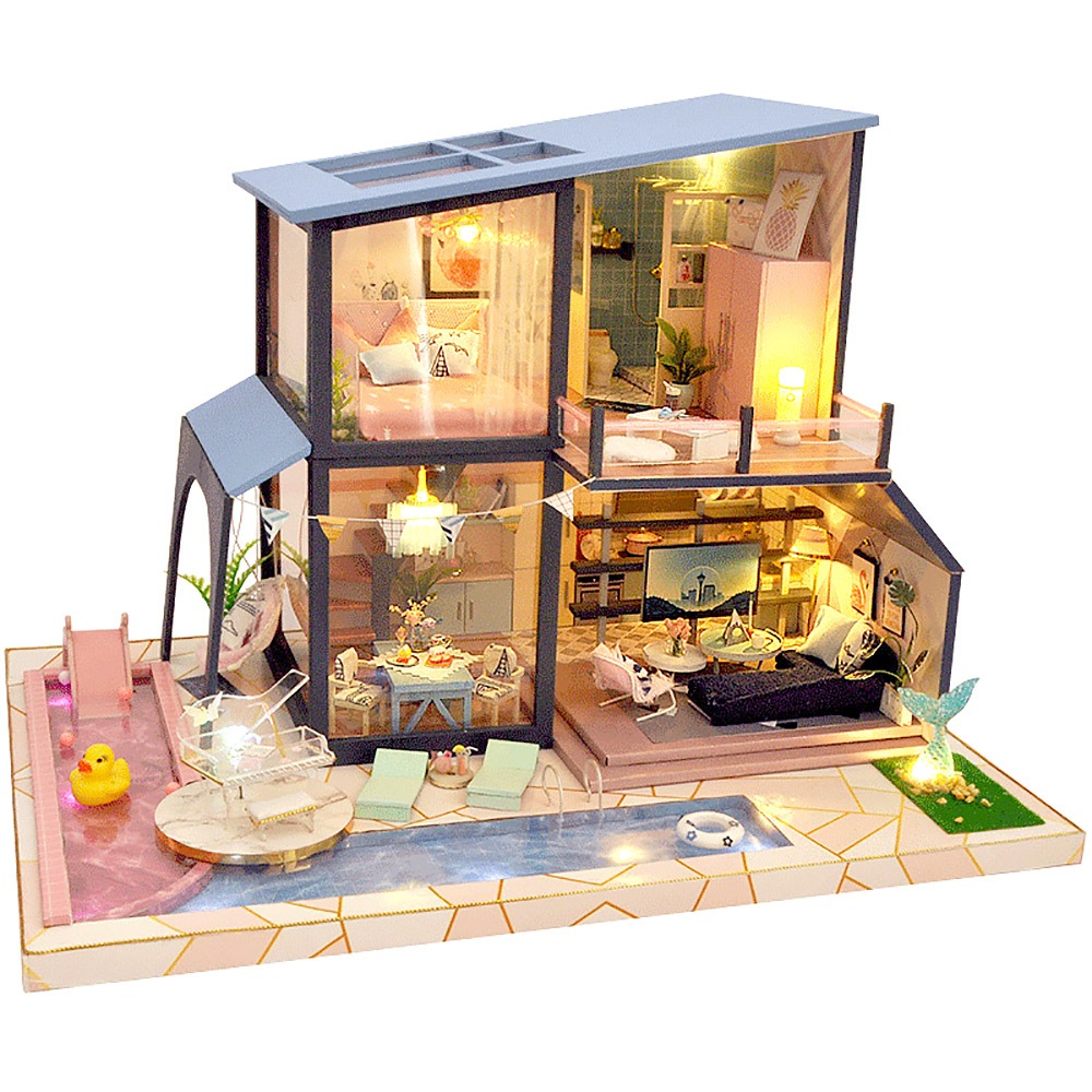 1/24 ドールハウス ミニチュア DIY 手作りキット セット人魚 の 家 マーメイド クリスタル ピアノ プール 大型 LEDライト (3色) + アクリルケース + オルゴール ( キラキ