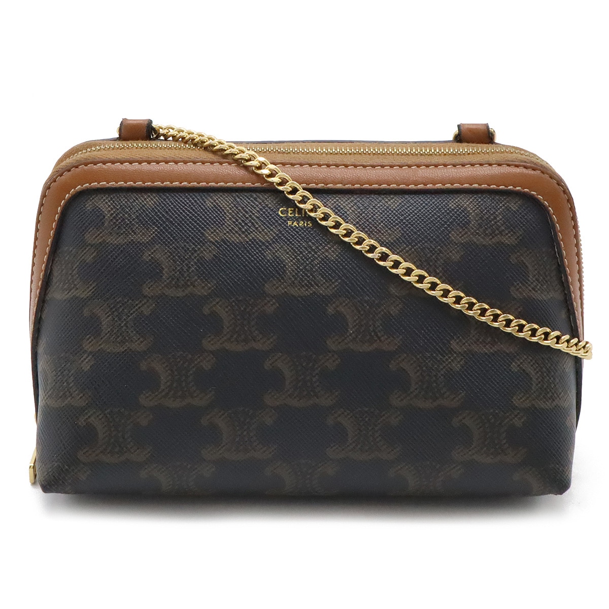 トリオンフ チェーンショルダーバッグ ショルダーポーチ ポシェット ミニバッグ PVC レザー ダークブラウン ゴールド金