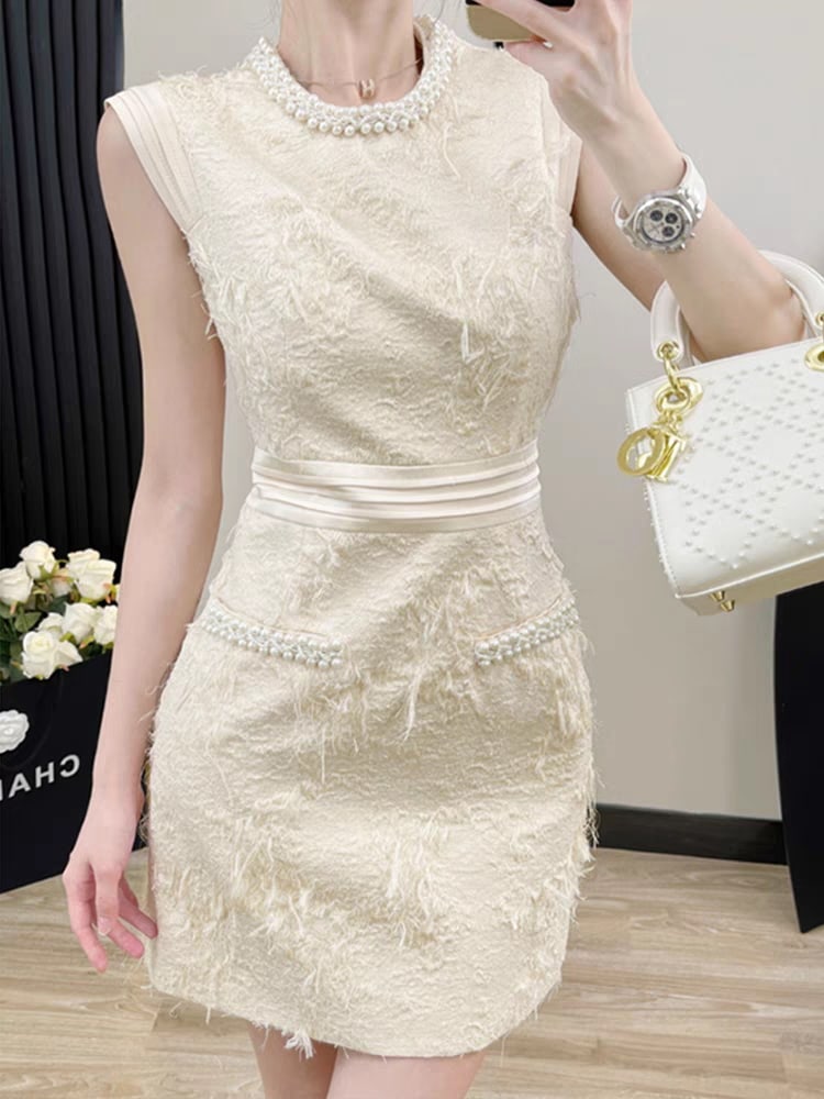 韓国デザイン夏物新作おしゃれ高級感　上品お嬢様ラウンドネックフリンジワンピース